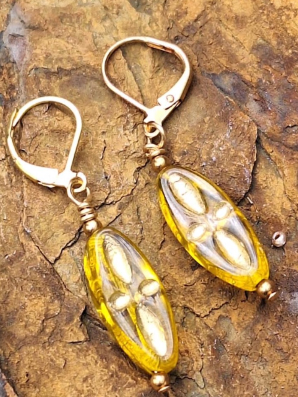 Handmade Yellow and Gold Czech Glass Bead Earrings, NWT